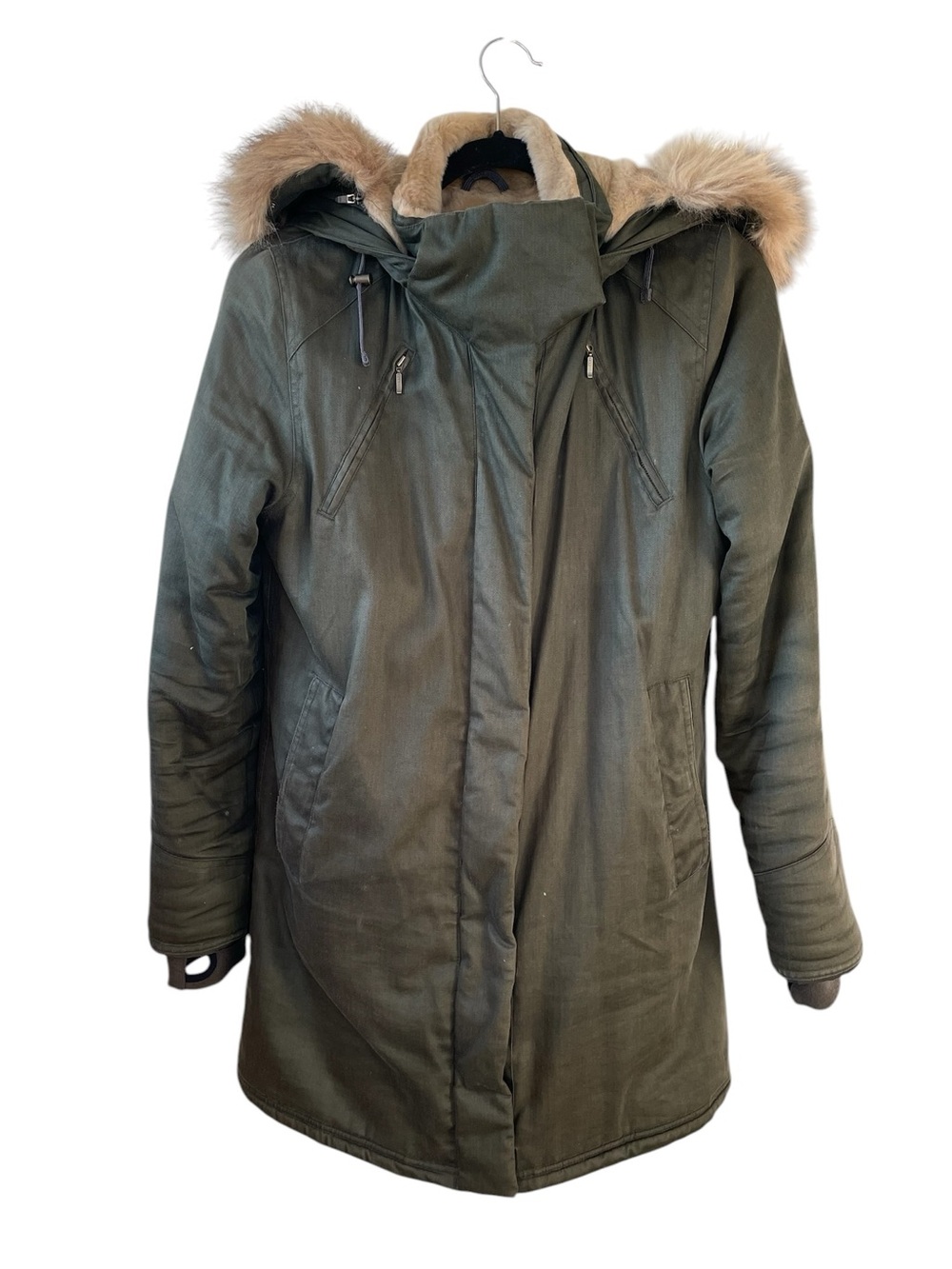 HoodLamb Vegan Hemp Heavy Winter Long Jacket Parka Coat Olive Green Size S